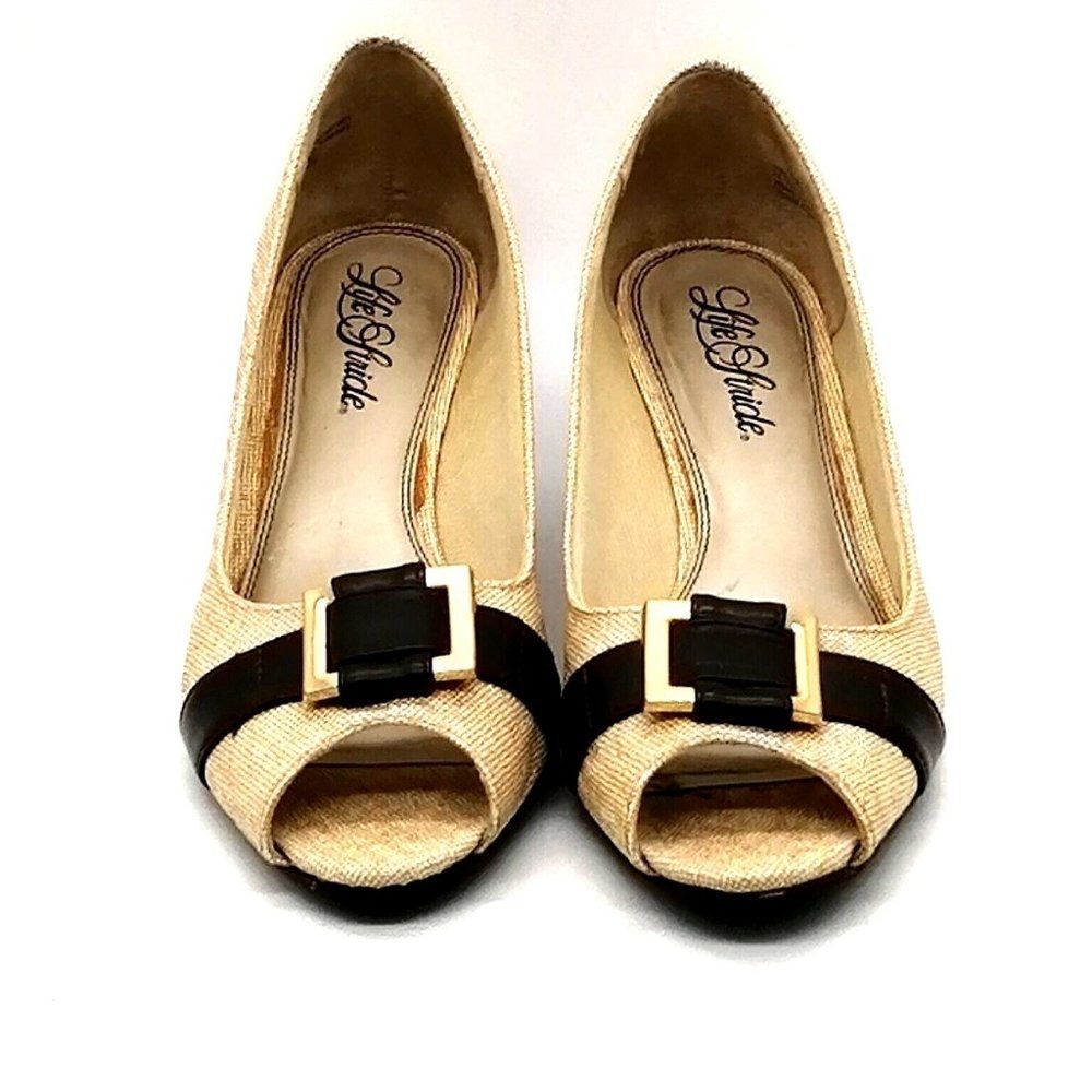 Life‎ Stride Shoes Womens Jargon Beige Brown 8.5 Pumps Peep Toe Kitten Heel